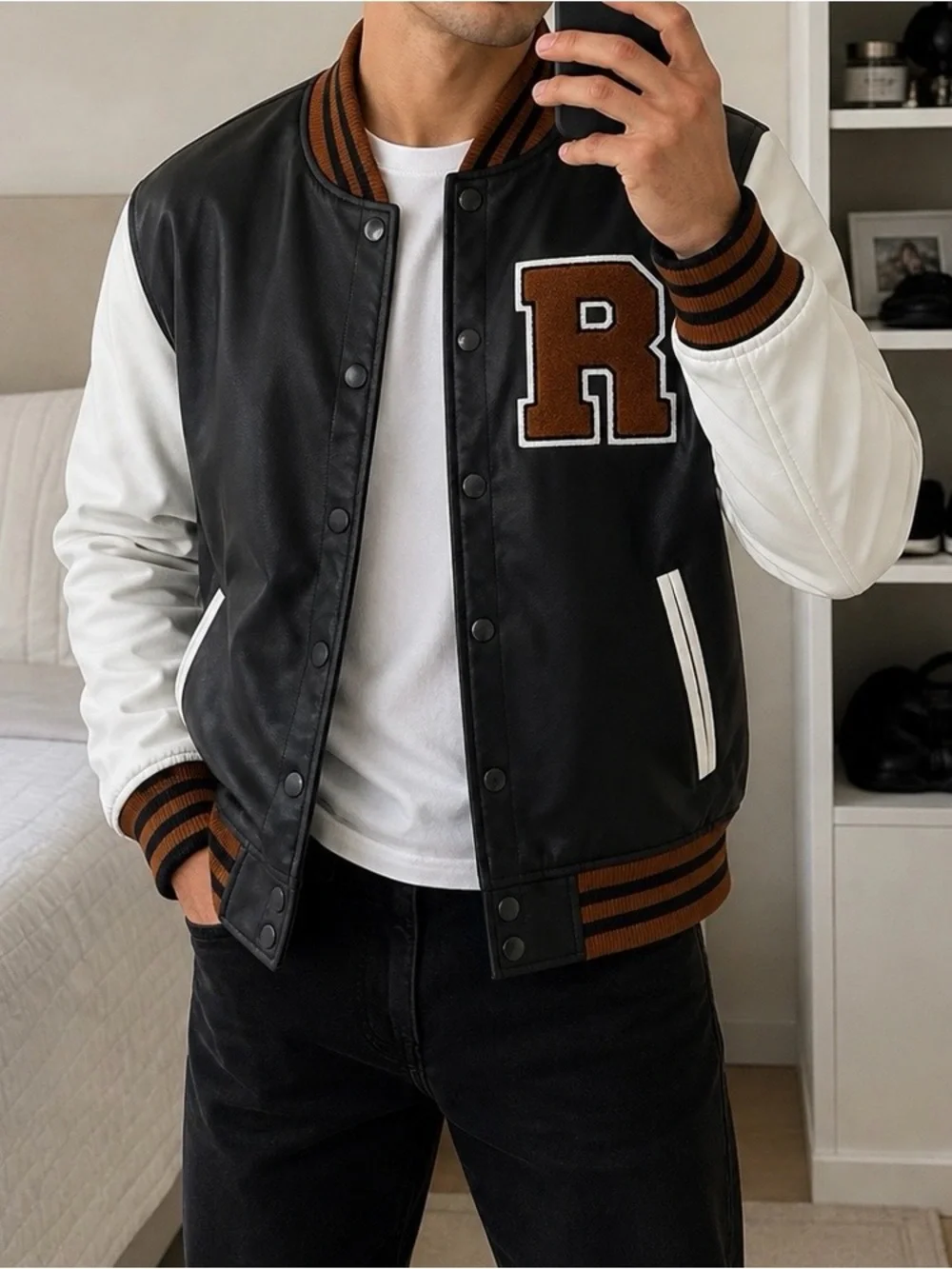 Ring of Fire Varsity Bomber Jacket Faux Leather Letterman Brown White M - Picture 1 of 6